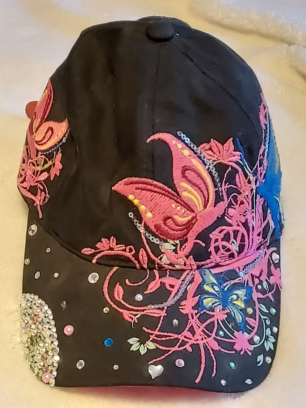Embellished Black Baseball Cap with Pink Butterfly Embroidery